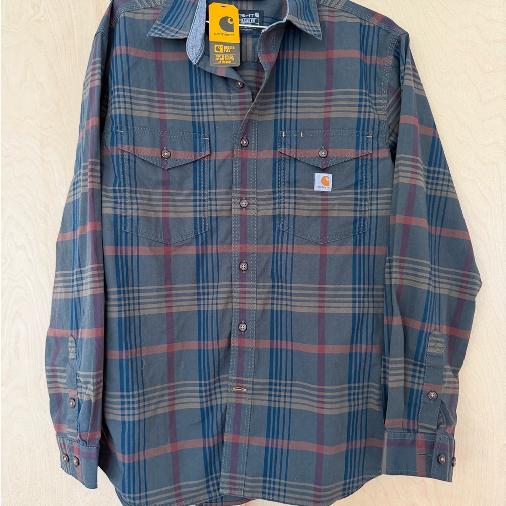 Carhartt Men's Slate Blue and Burgundy Plaid Button-Down Shirt